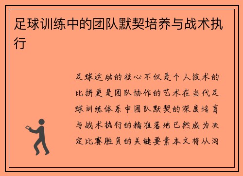 足球训练中的团队默契培养与战术执行